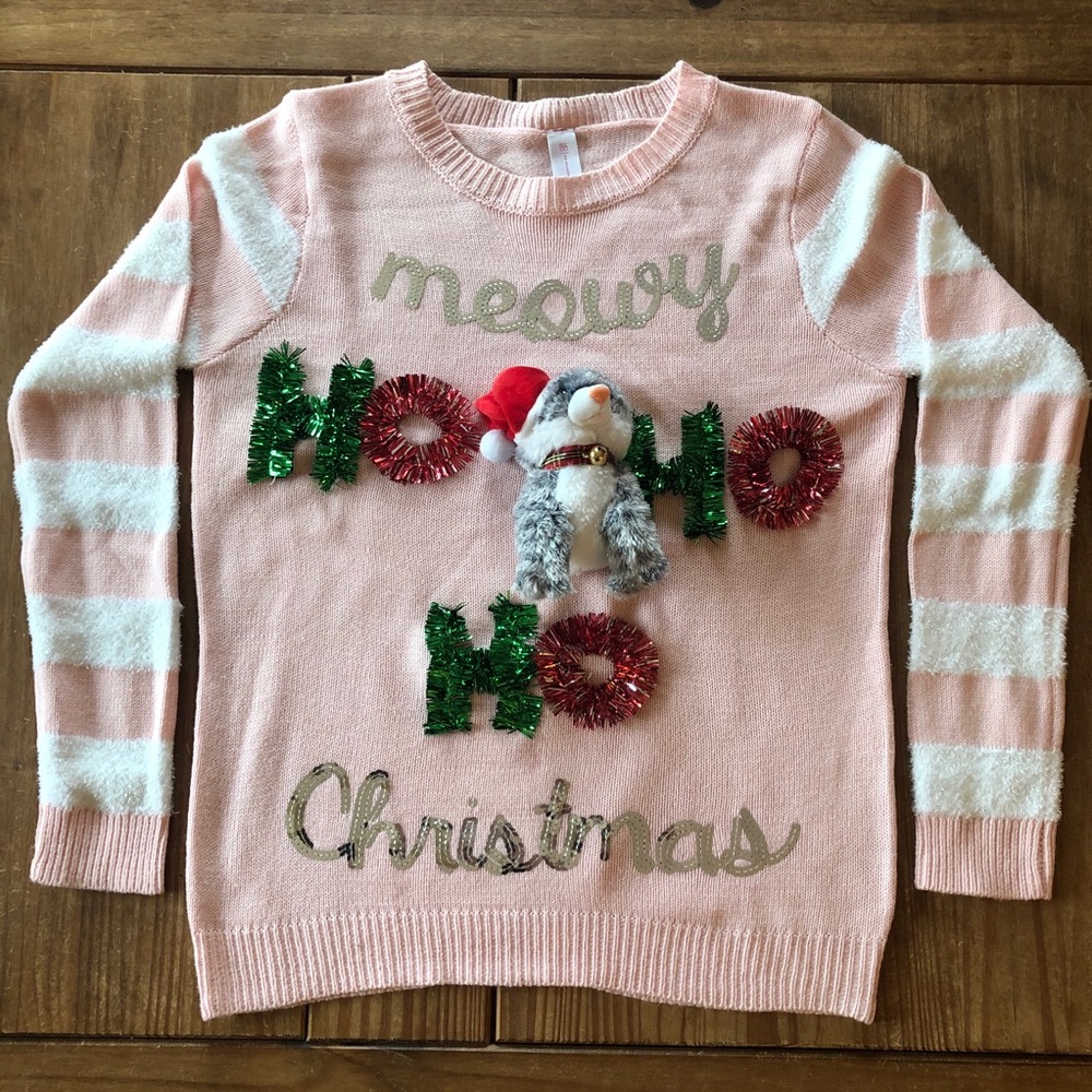Meowy Christmas Sweater with Fur, Sequins, and Cat